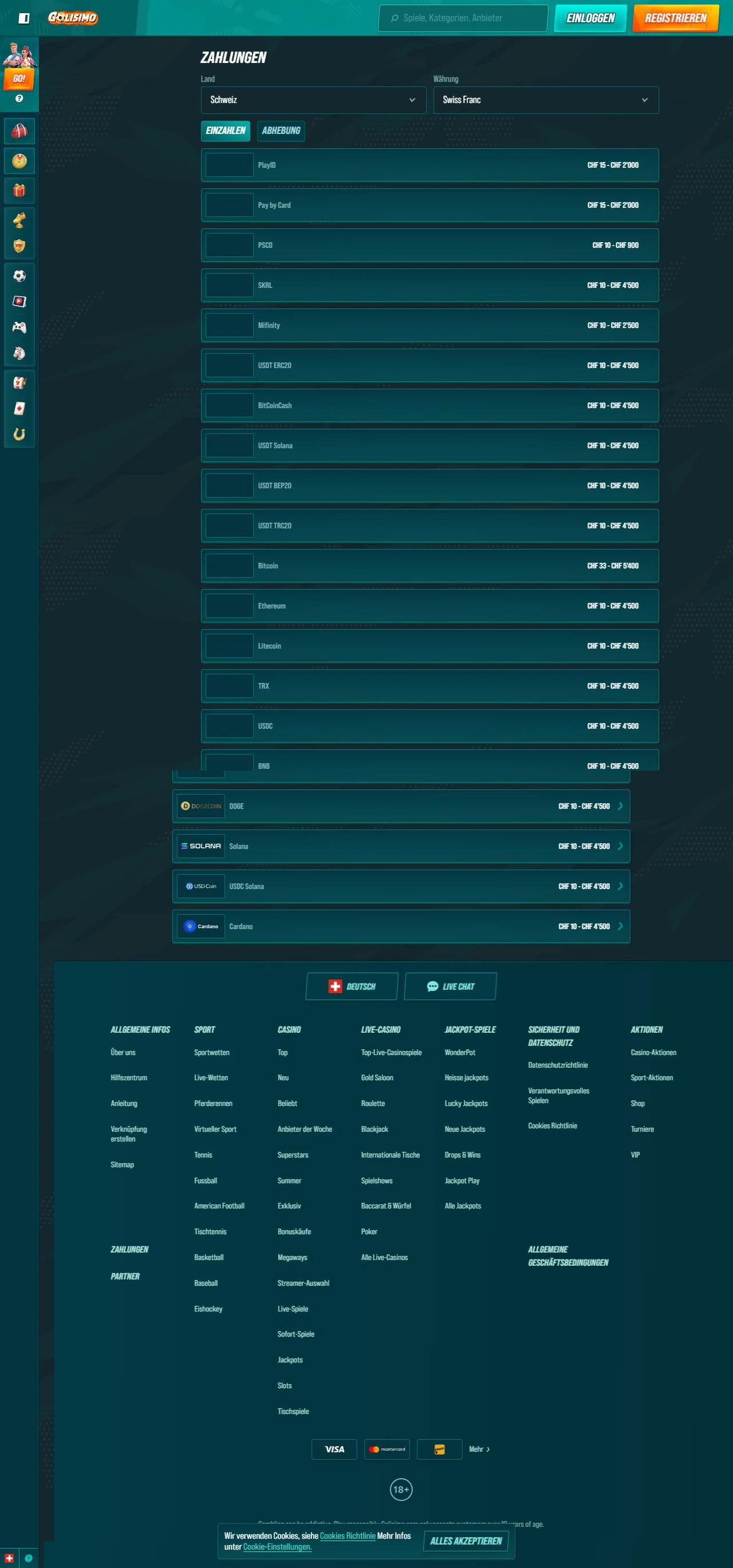 Golisimo cashier showing deposit methods and CHF limits