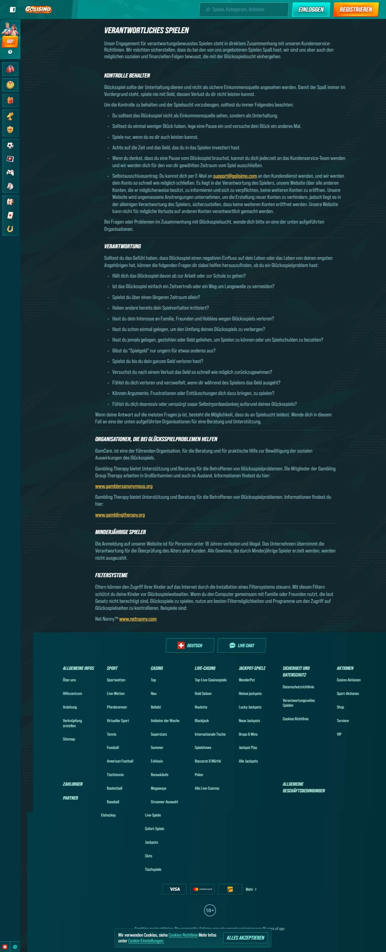 Golisimo responsible gambling page and self-exclusion information