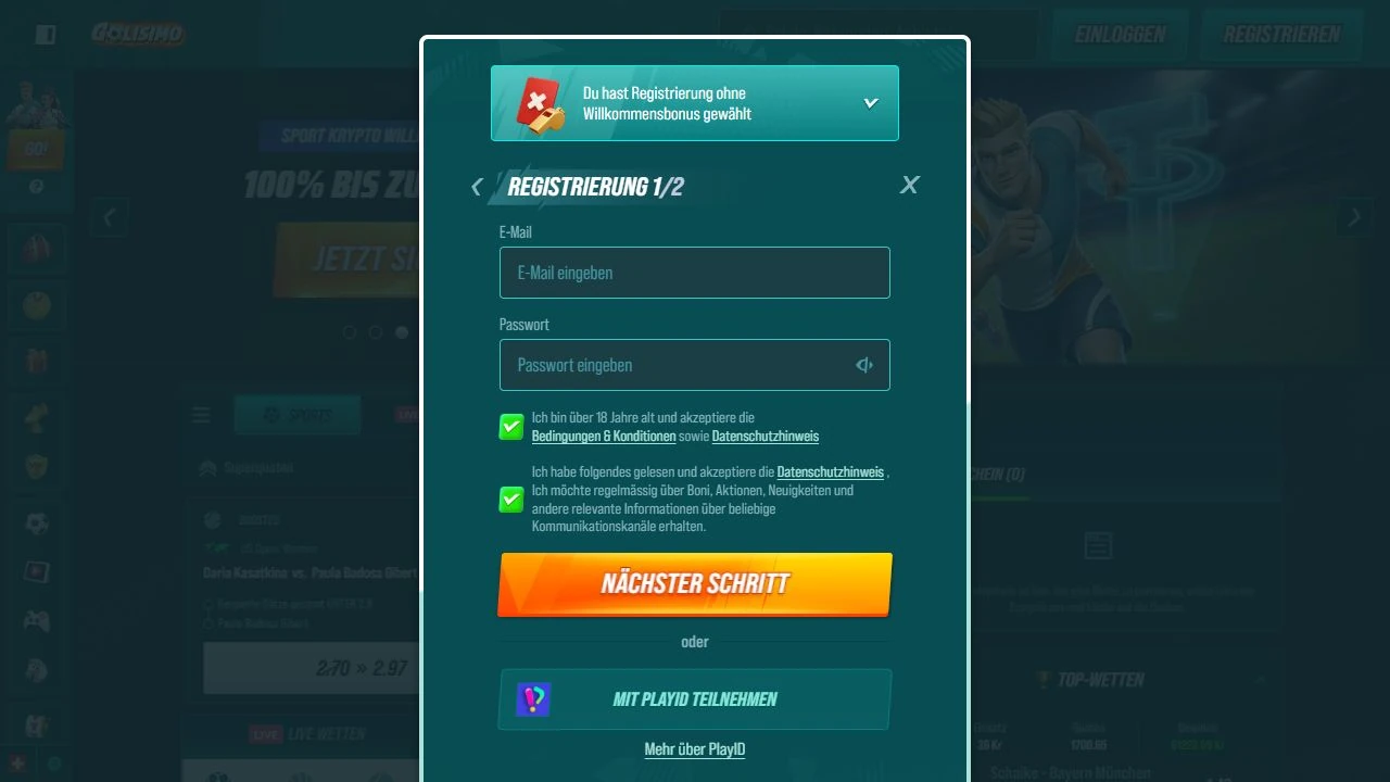 Formularz rejestracji konta Golisimo
