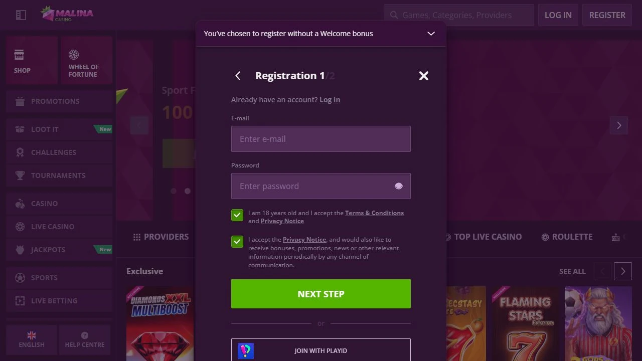 Formularz rejestracji Malina Casino