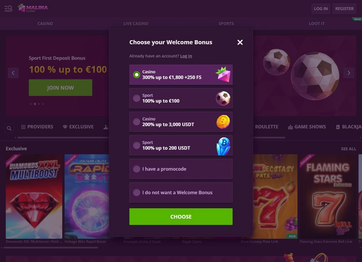 Malina Casino Login Bildschirm