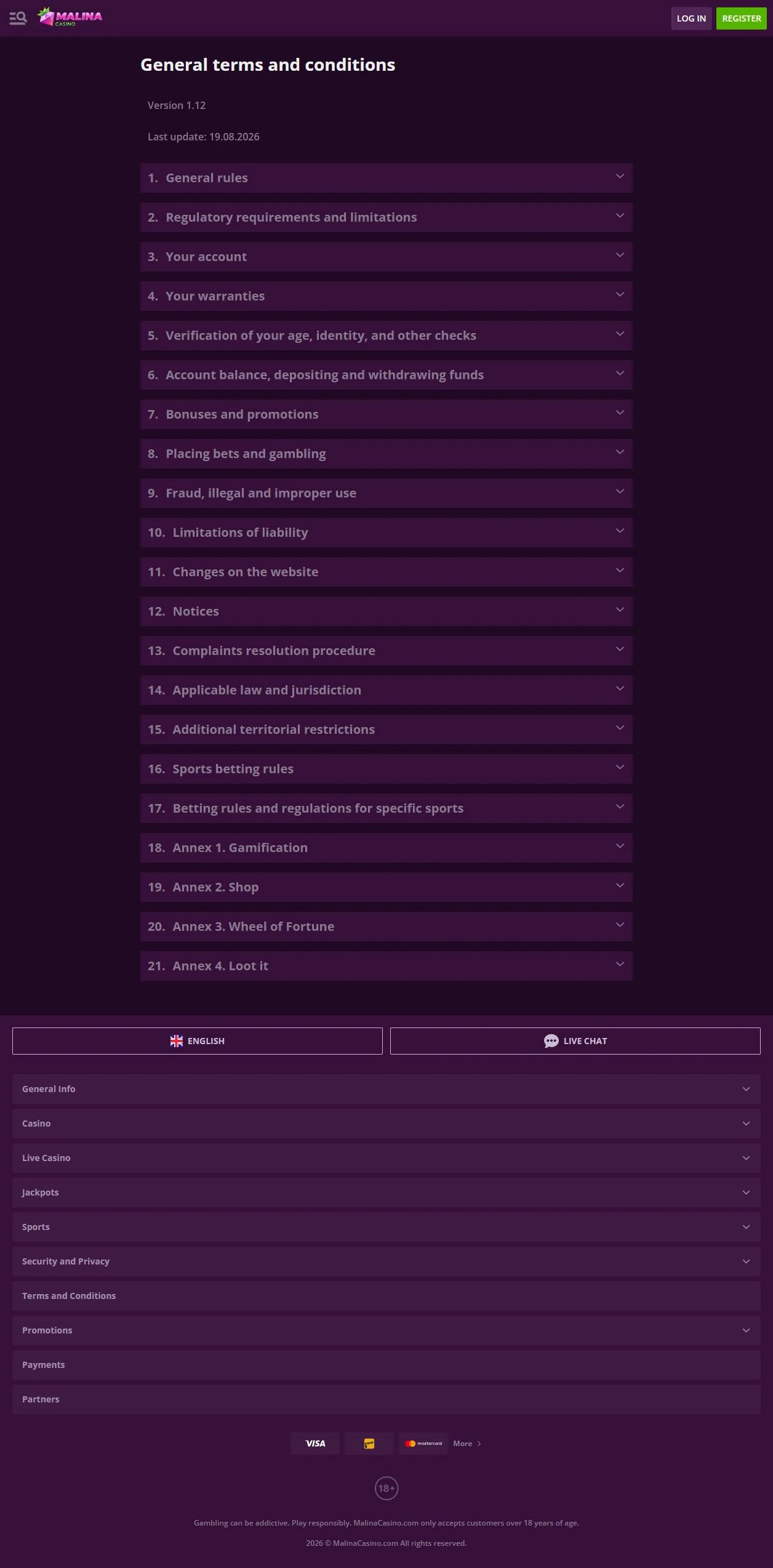 MalinaCasino Terms reviewed during research