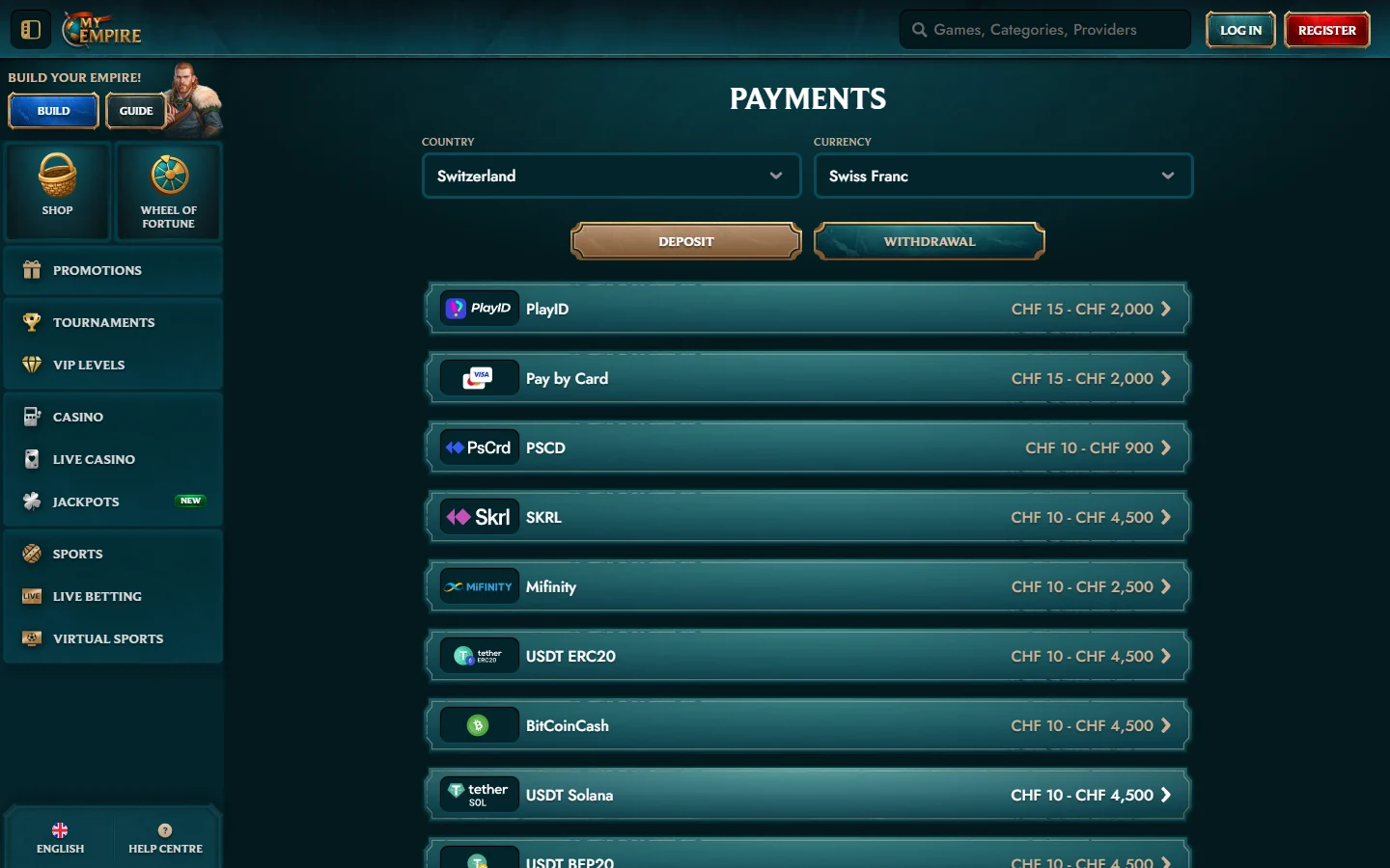 MyEmpire CHF deposit cashier with cards e-wallets and cryptocurrency