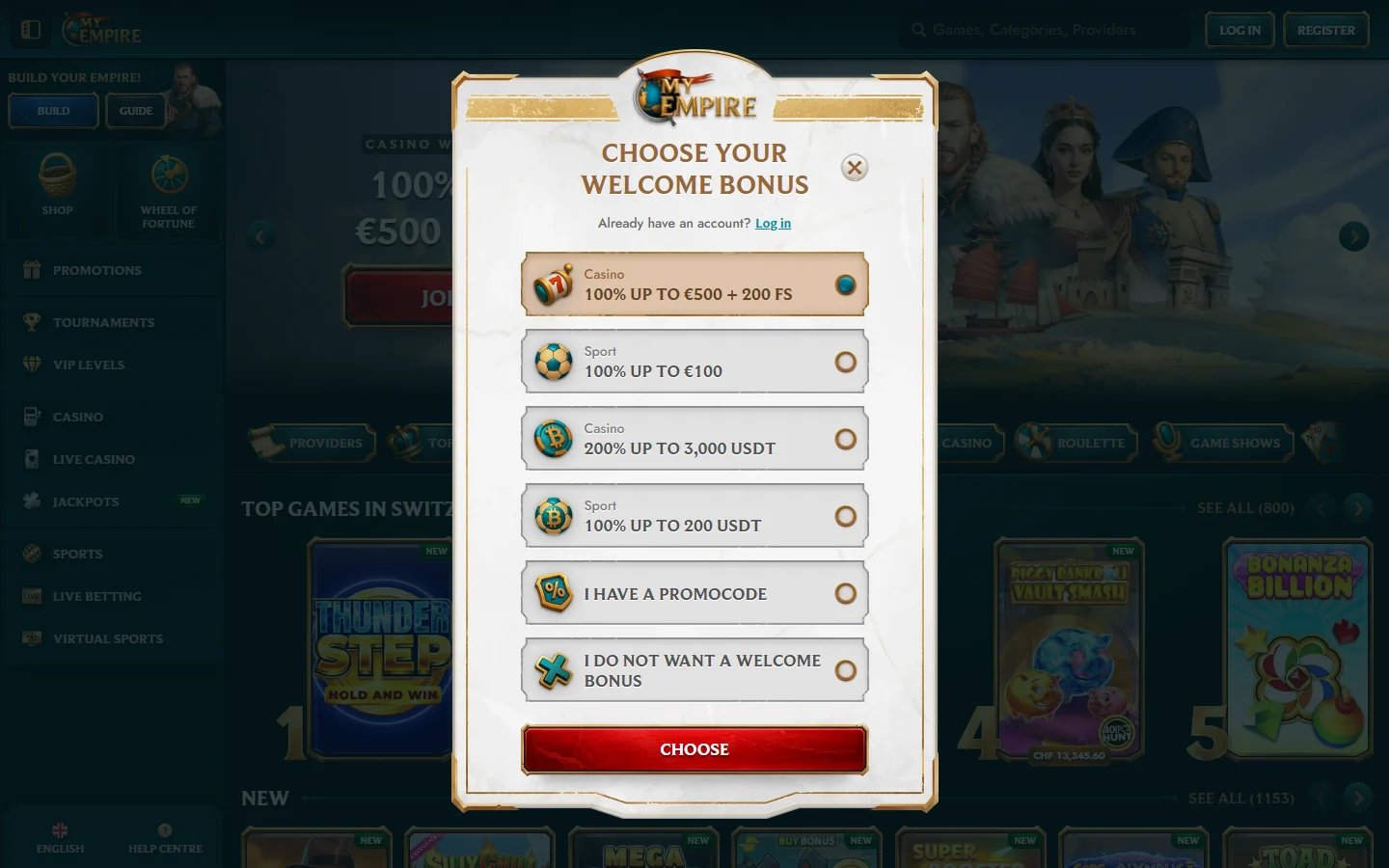 MyEmpire registration screen with casino sport crypto promo code and no bonus choices
