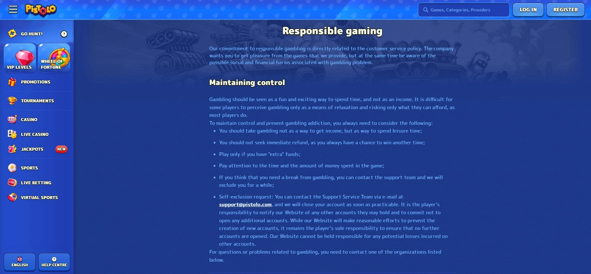 Pistolo Responsible Gaming Seite im redaktionellen Check