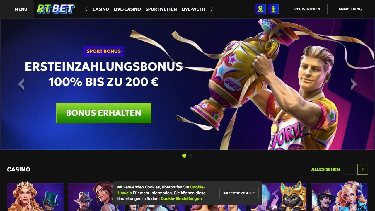 Deutsche RTBet Startseite mit Sportbonus und Casino Navigation