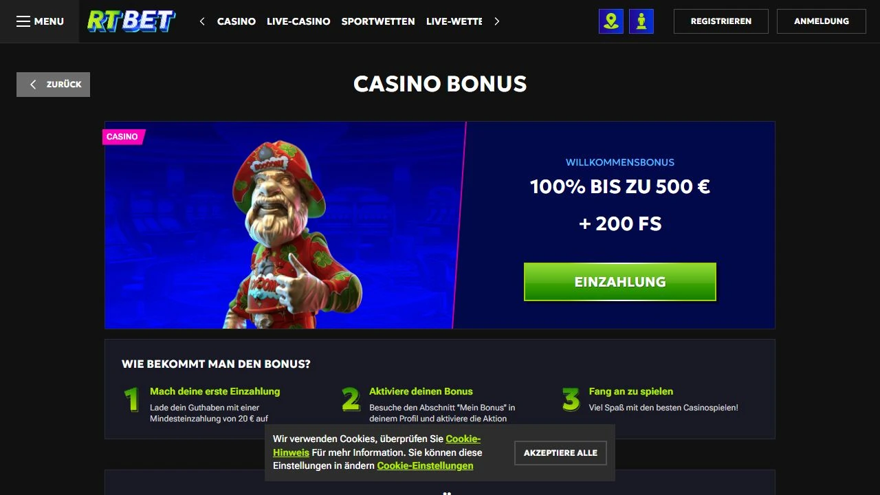 Deutsche RTBet Bonusseite mit 500 Euro und 200 Free Spins