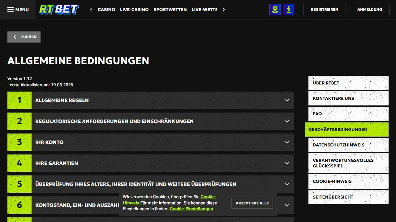 Deutsche RTBet AGB Version 1.12 mit KYC und Auszahlungsabschnitt