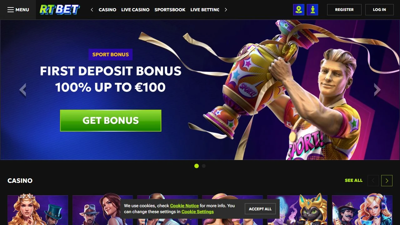 RTBet public home page with casino and sportsbook navigation