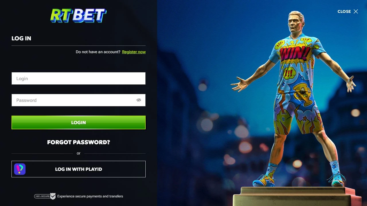 RTBet login page with password recovery and PlayID option