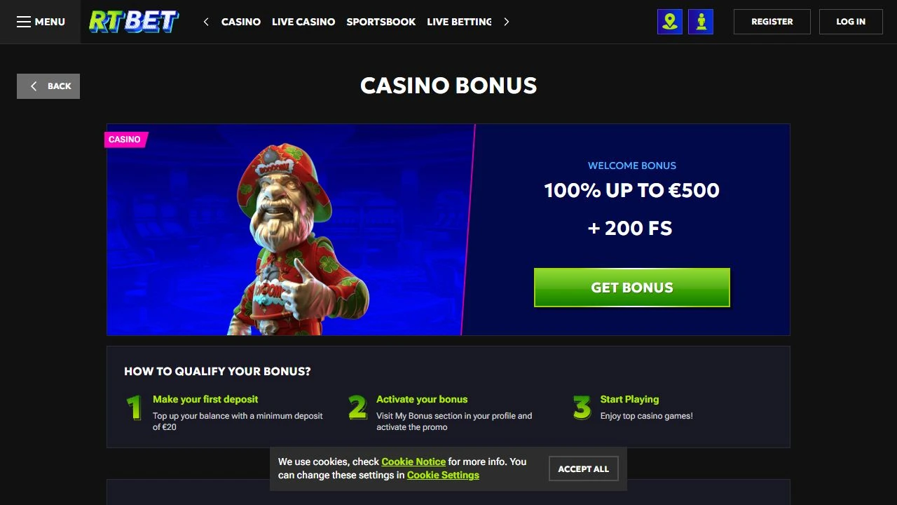 RTBet welcome promotion page showing 100 percent up to 500 euro and 200 free spins