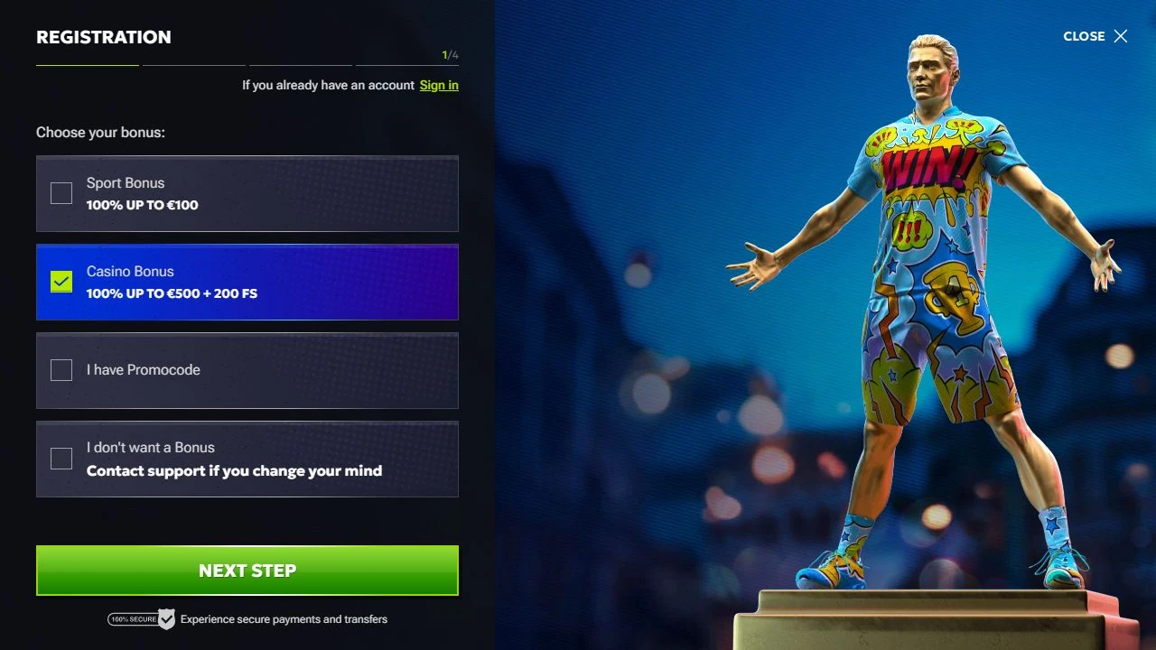 RTBet registration bonus selector with sport casino promo code and no bonus choices