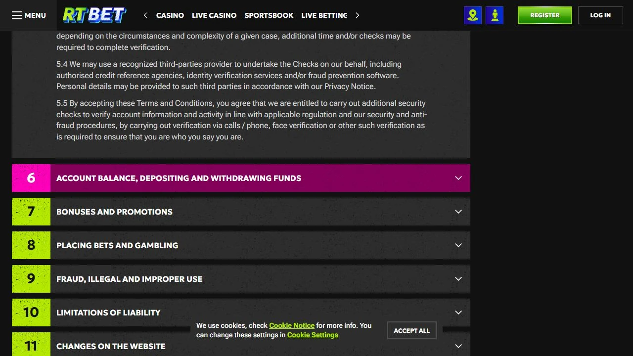 RTBet General Terms showing KYC and account balance sections