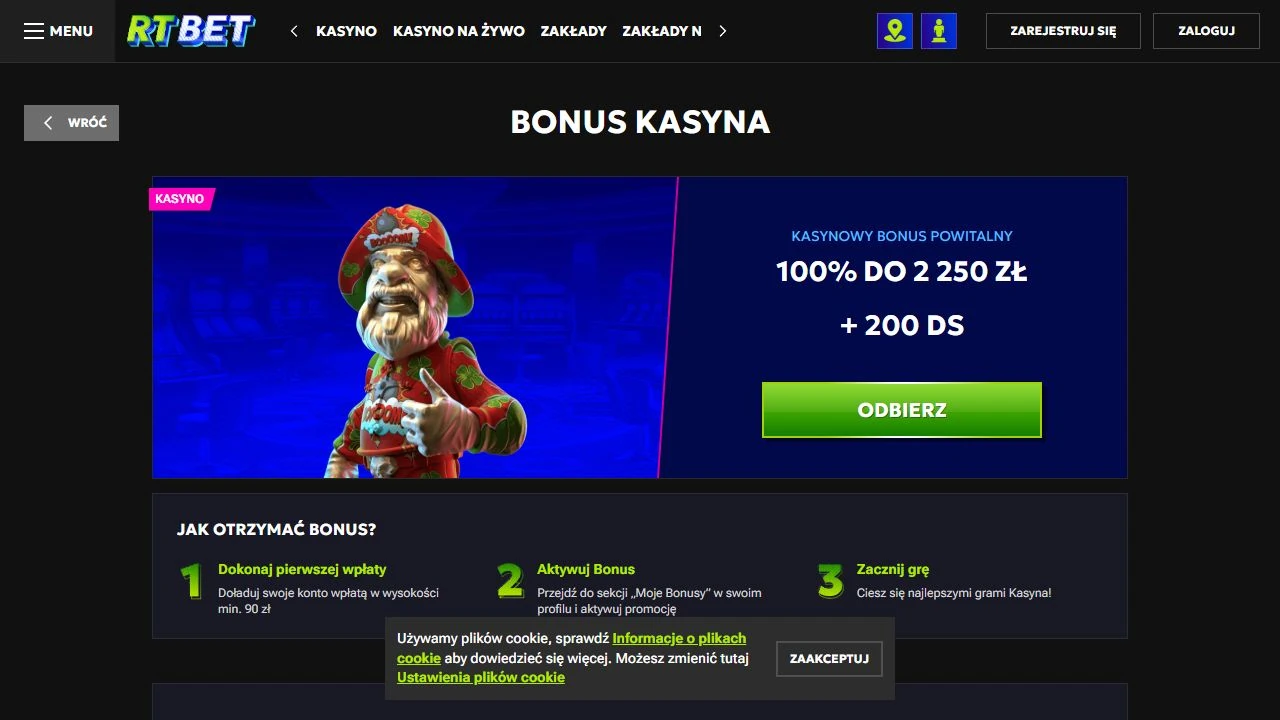 Regulamin polskiego bonusu RTBet 2250 zł i 200 darmowych spinów