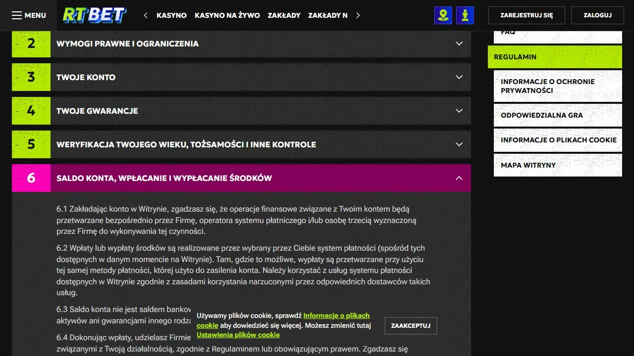 Polski regulamin RTBet z tabelą limitów wypłat w PLN