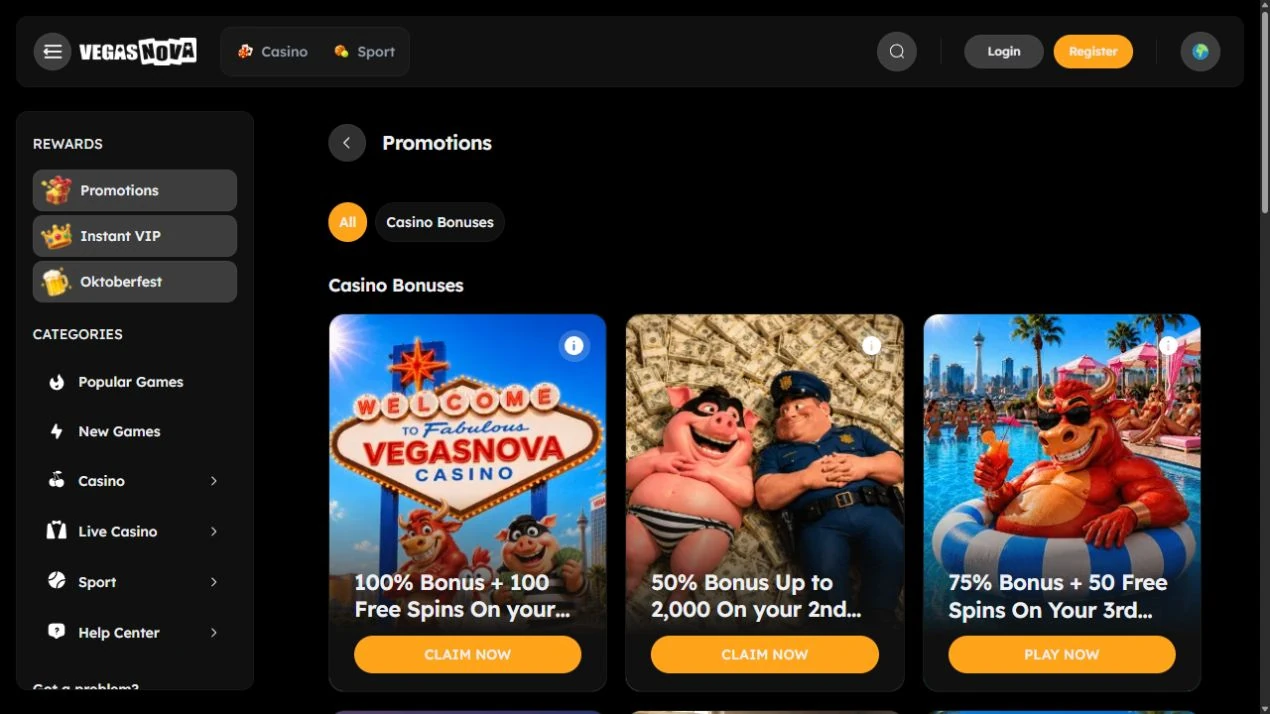 VegasNova Casino: archivierte Anbieteroberfläche