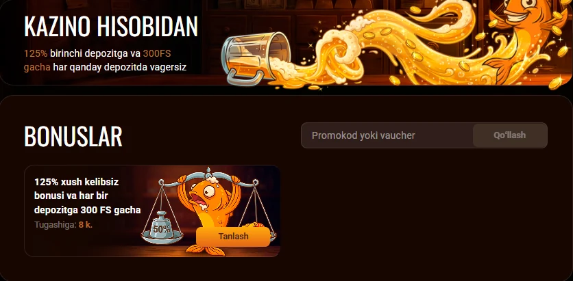 Beer Casino Bonuslar sahifasi: promokod maydoni va 125% taklif